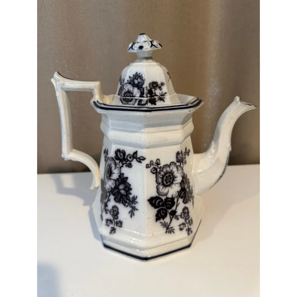 Antique Flow Blue Octagonal Ironstone Teapot Floral Cobalt White‎ Victorian